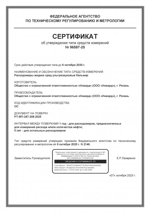 Сертификат об утверждении типа средств измерений Кальмар