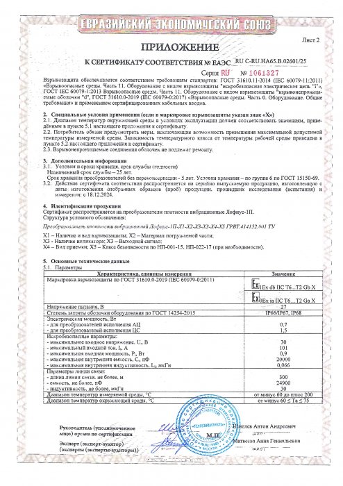 Сертификат ТР ТС 012 преобразователь плотности ЛОФИУС-1П