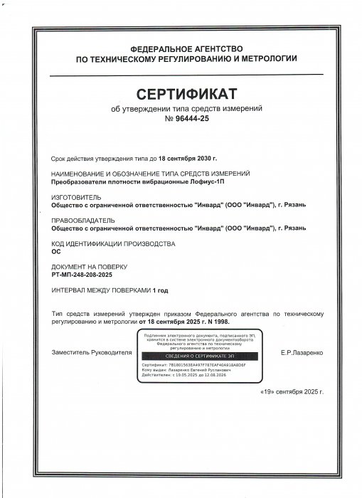 Сертификат об утверждении типа средств измерений ЛОФИУС-1П